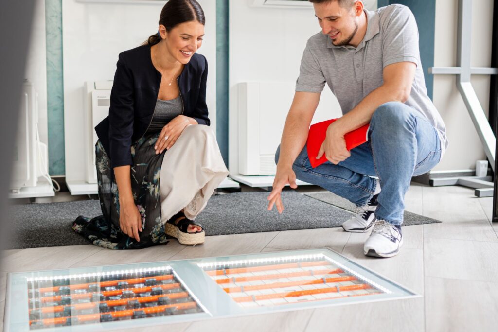 dos personas sobre unas muestras de suelo radiante para climatización de vivienda